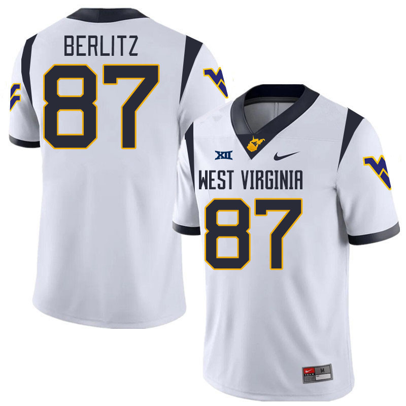 #87 Derek Berlitz West Virginia Mountaineers College 2024 New Uniforms Football Jerseys Stitched Sale-White